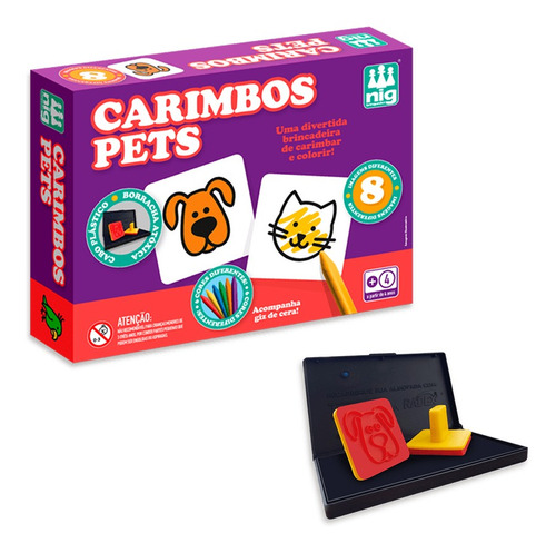 Jogo Carimbos Pets Animais 8 Pçs + Giz Cera P/ Colorir - Nig