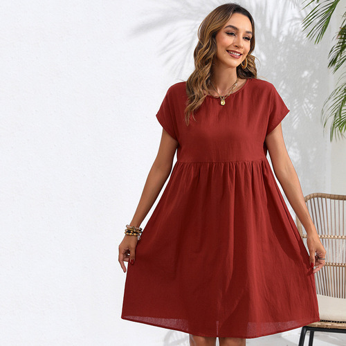 Elegante Vestido Corto Holgado Con Cuello En O Liso
