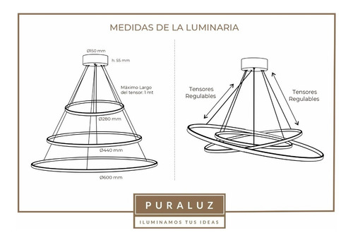 Imagen 6 de 10 de Lampara Colgante Triple Anillos Led Moderna 30-44-60 80w