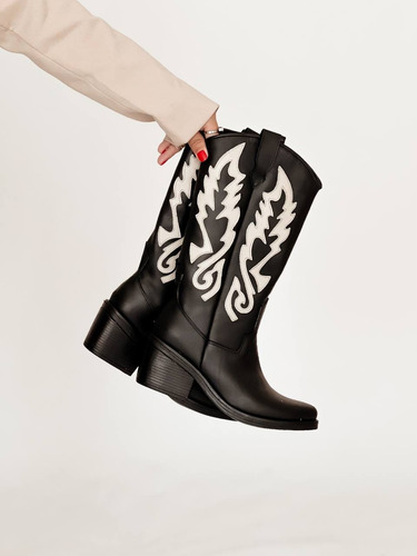 Botas Texanas Mujer Cuero Caña Media Taco Foliado Malaga