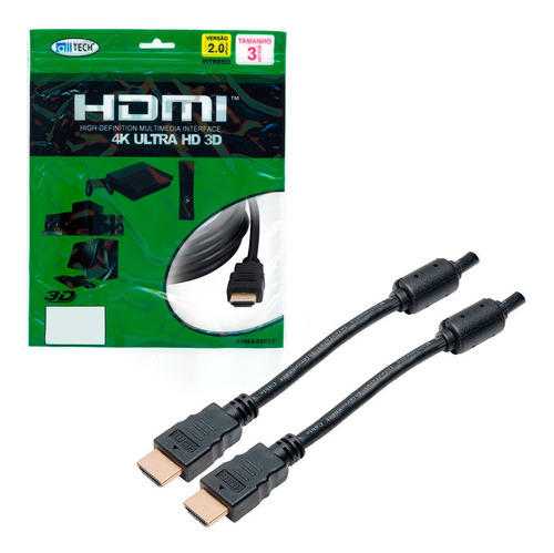 Cabo Hdmi + Hdmi 2.0 Full Hd Com Filtro Pt Gold 3 Metros