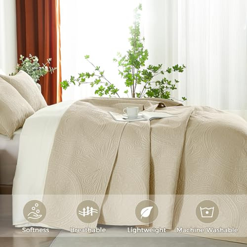 Juego De Cama Beige King De 3 Piezas, Colcha Ligera