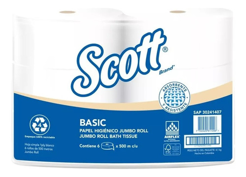 Papel Higienico Scott Jumbo X 500 Metros Sencillo