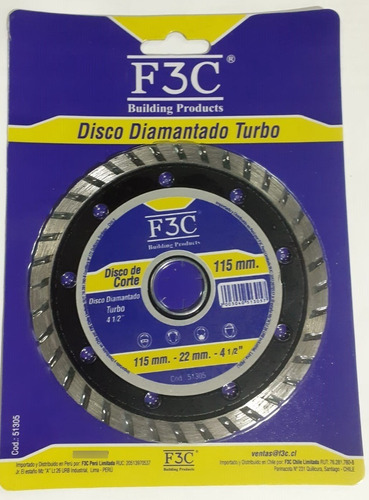 Disco Diamantado Turbo 115mm. Marca F3c / Ferrepernos