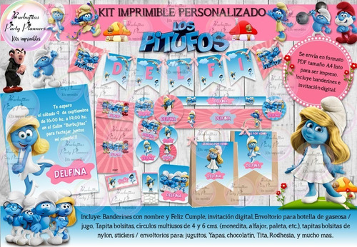 Kit Imprimible Candy Bar Los Pitufos Pitufina Personalizado