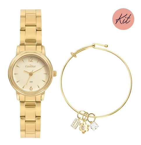 Relógio Feminino Condor Mini Dourado + Pulseira Com Berloque