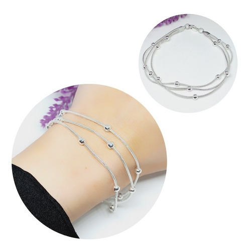 Imagen 1 de 7 de Pulsera Triple Con Bolitas Acero Blanco