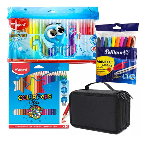 Plumones P Colorear + Lapices Colores Plumas Estuche Lapicer