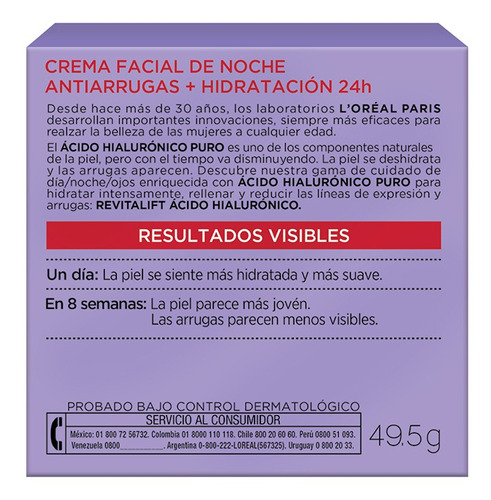 Imagen 3 de 7 de Crema Anti Arrugas Noche Revitalift Ácido Hialurónico 50ml