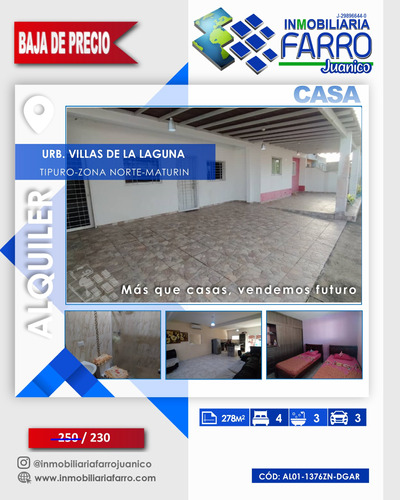 Imagen 1 de 10 de Se Alquila Casa Urb. Villas De La Laguna Tipuro Al01-1376zn-dgar