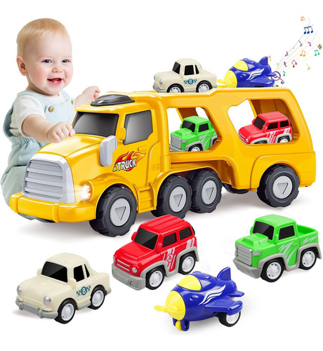 Camiones De Transporte 5 En 1 Con Sonido Y Mini Carritos