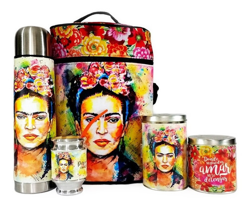 Imagen 1 de 8 de Equipo De Mate Madera Completo Frida Kahlo Regalo Cuero