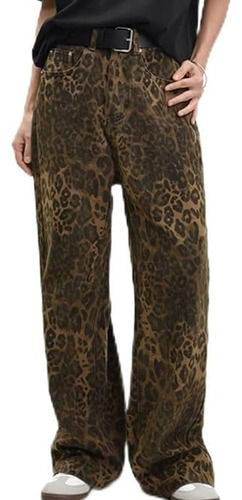 Leopard Print Jeans Marrón Para Mujer Y Hombre, Sueltos