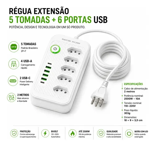Régua Extensão 5 Tomadas + 4 Usb + 2 Tipo C Filtro Linha Branco 127/220v