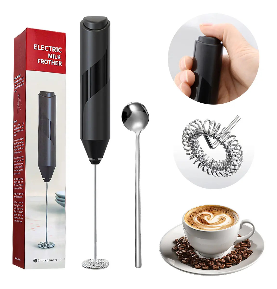 Naiwant® Espumador De Leche Mini Electrico Portátil Batidores De Cafe Con Cuchara Longitud De La Máquina 22cm Adecuado Para Hornear, Tomar Café, Batir Huevos Y Crema, Etc.