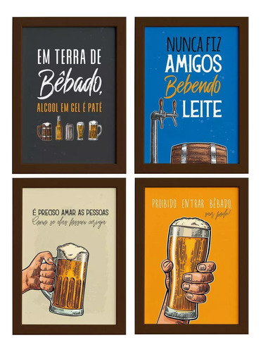 Quadros Com Frases Cerveja Moldura Marrom 33x43cm Kit 4un