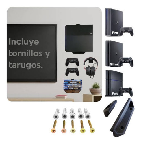 Kit Soporte Pared Ps4 Slim Fat Pro + Porta Juego Y Auricular