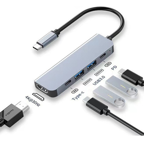 5 En 1 Usb Hub Adaptador Pd 3.0 Tipo C Hdmi Para Portátiles