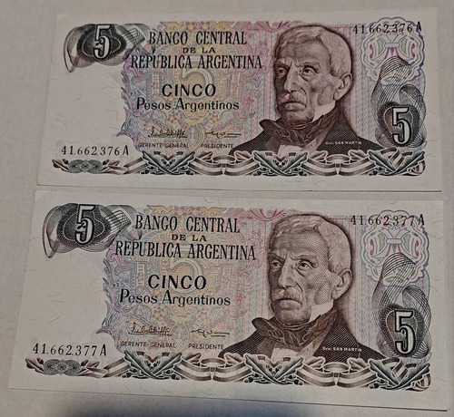 5 Pesos Argentinos Correlativo S. A S/ C Lote De 2 Billete 