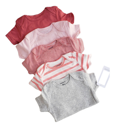 Pack De Bodys Carters Beba Manga Corta Rayas Lisos Rosa Gris