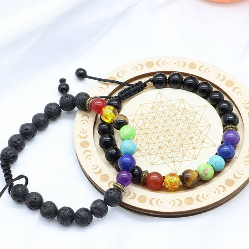 Pulsera De Ágata Negra Con 7 Chakras Y Piedra Volcánica