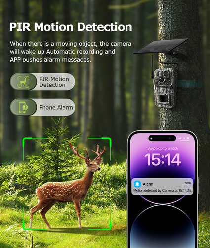 Cámara Seguridad Cavisec Solar 4g Caza 3mp Trampa Rancho de SIM Chip Monitoreo en Vivo con GPS Sensor de Temperatura Visión nocturna Angulo 125 grados Panel Solar Impermeable Audio Bidireccional