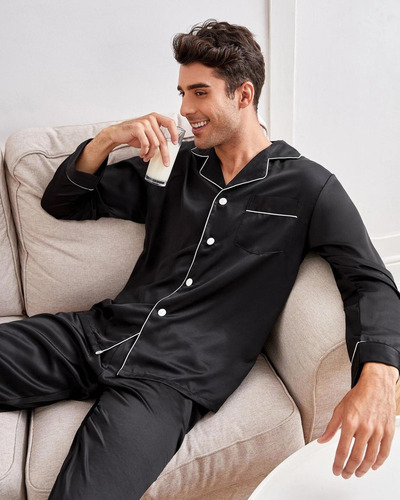 Pijama Masculino Americano Cetim De Seda Com Calça Preto