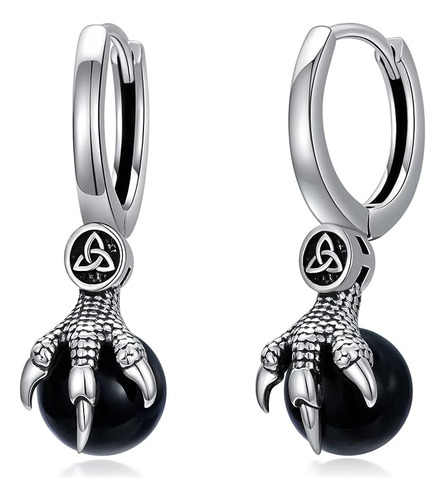 Aretes Para Hombre Plata 925 Dragon Joyeria Onix Negro Celta