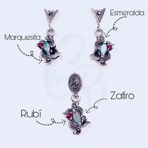 Aretes Y Dije Con Esmeralda, Rubí, Zafiro Y Marquesita