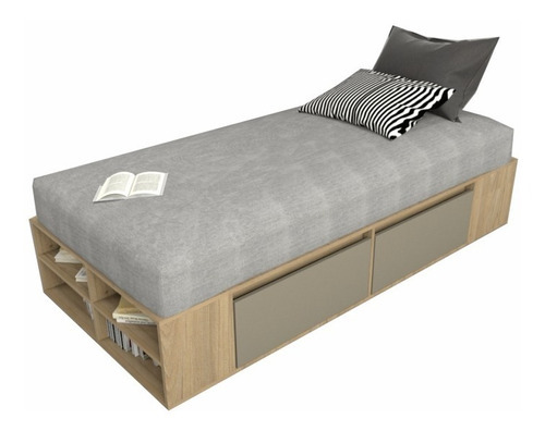 Cama Box Cajonera Con Zapatero P/ Sommier Niños 92 X 190 Color Olmo Gris