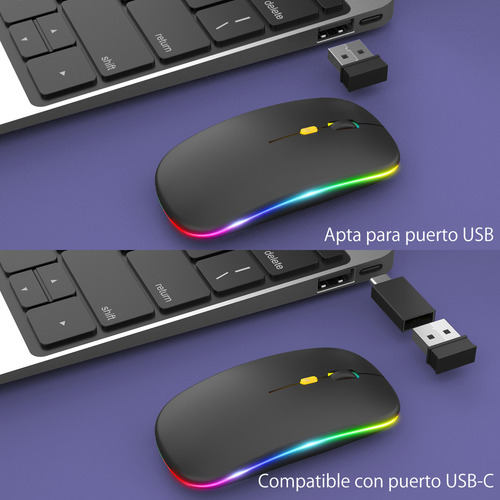 Ratón Inalámbrico Recargable Retroiluminación De 7 Colores,con Adaptador Usb-a A Usb-c,bluetooth Y 2.4g,color Negro