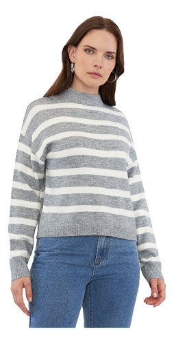 Sweater Mujer Rayas Crudo Lineas Gris Oscuro Corona