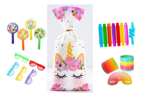 Pack 12 Bolsas Para Dulces De Unicornio + Juguetes 