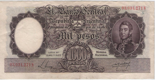Billete Argentina $1000 B,1955. Colo 528b Xf
