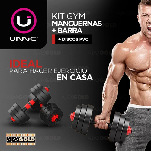 Imagen 3 de 8 de Kit Gym Mancuerna Barra Topes Rosca Fitness + Discos 20 Kg