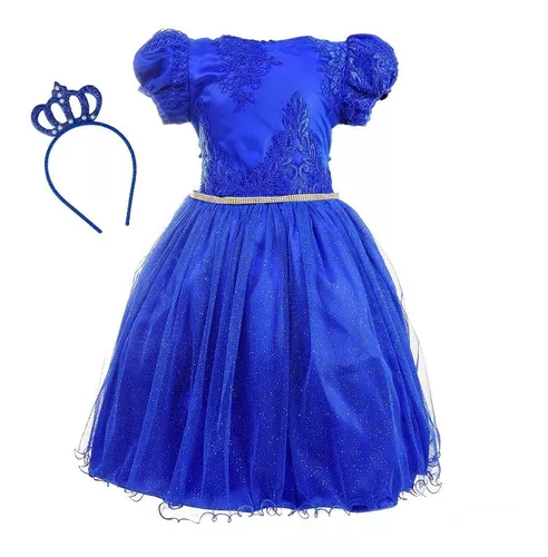 Vestido Infantil Princesa Cinderela Azul C/ Peito Strass