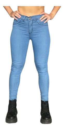 Pantalón Jeans Chupín Elastizado Tiro Alto Mujer Celeste