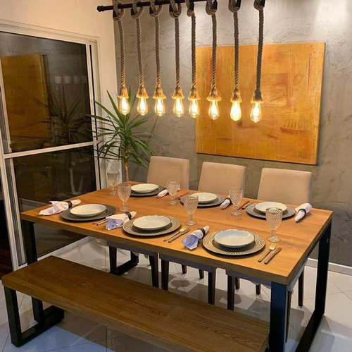 Mesa de comedor gourmet, madera, estilo industrial, 2,20 metros, color tapa, grafia, color pie, negra
