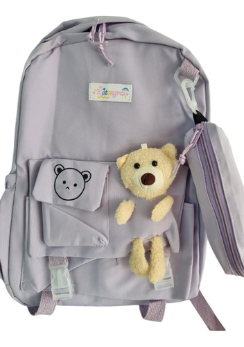 Mochila Nena Bolsillos Peluche Regalo Cartuchera Tono Pastel