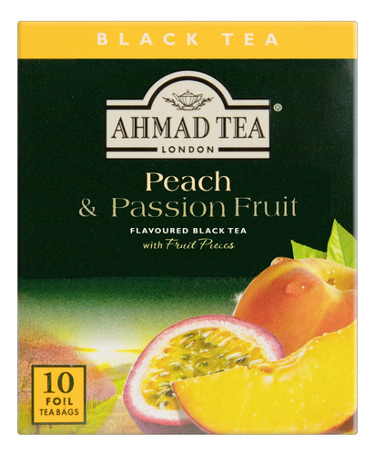 Chá Ahmad Tea London preto peach & passion fruit em sachê 20 g 10 u