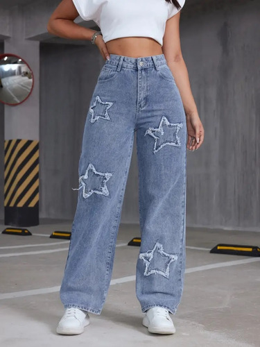 Pantalón Jean Straight De Mujer Con Parche De Estrella.