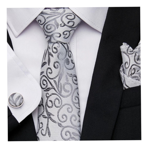 Set Novio Corbata . Pañuelo . Colleras . Color Gris Plateado