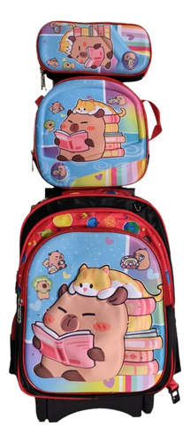 Mochila Primaria Capibara Para Niña Y Niño Con Llantas. Combo 3 Piezas Con Lonchera Y Lapicera