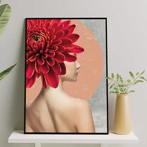 Quadro Fotografia Mulher Com Flor 45x34cm Com Vidro - Preta