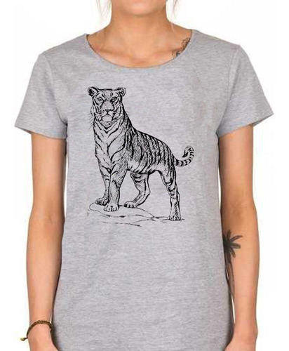 Remera De Mujer Tigre Posando Dibujo Silueta