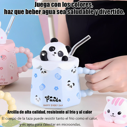 Taza De Cerámica 360 Ml Diseño Animal Con Tapa Y Popote