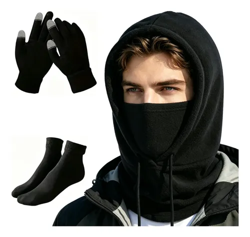 Kit Inverno Touca Gorro Com Cachecol Luva E Meia Térmica