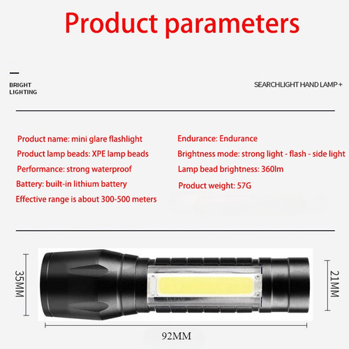 Linterna Led Portátil Con Zoom, Luz Lateral Cob, Luz Imperme