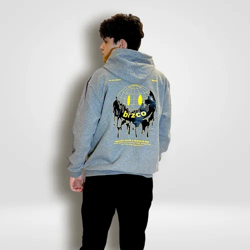 Buzo Hoodie Oversize Hombre Estampado Gris Capucha Canguro