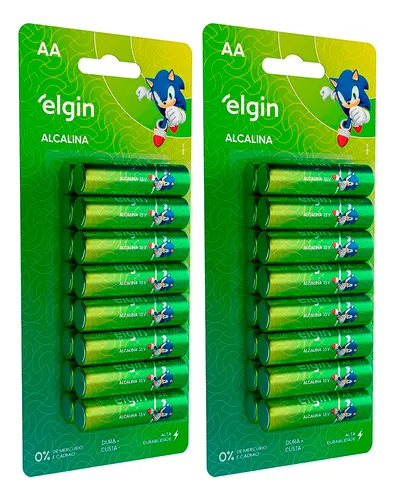 Duas cartelas contendo pilhas AA alcalinas da marca Elgin com estampa do Sonic, totalizando 32 unidades.